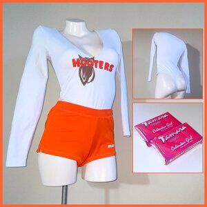 PRELOVED HOOTERS SM WHITE BODYSUIT ORANGE BOOTY SHORTS & 2 NEW TAMARA PANTYHOSE